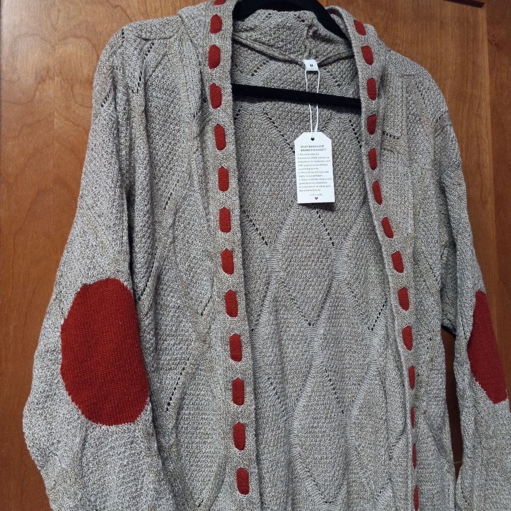 NWT Medium Knit Hoodie Open Front Cardigan Gray with Red Elbow patch - Picture 3 of 6